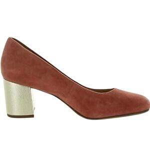 Naturalizer Whitney Block Heel Pump Suede Leather Gold Heel Desert Clay 8.5